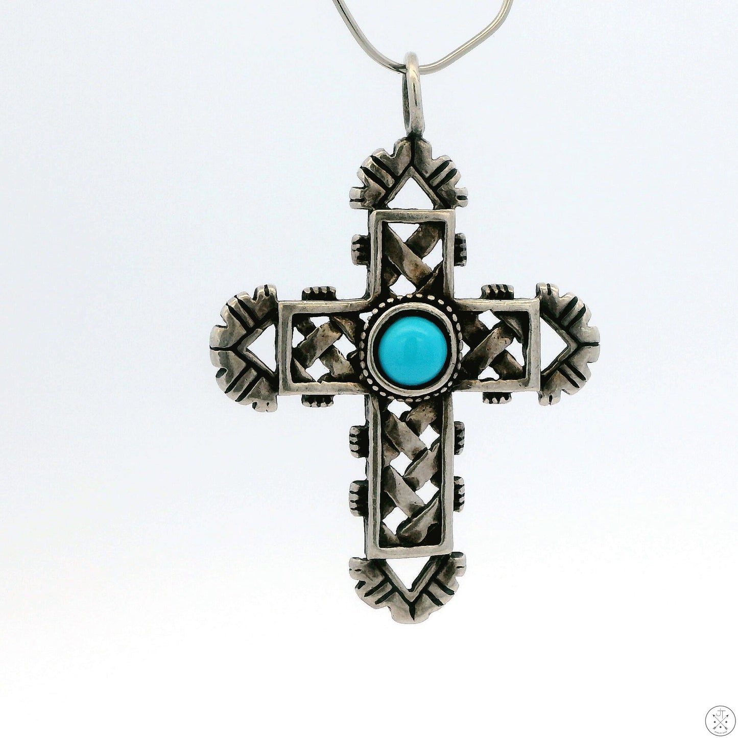Vintage Sterling Silver Cross Pendant with Turquoise