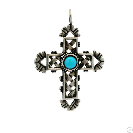 Vintage Sterling Silver Cross Pendant with Turquoise