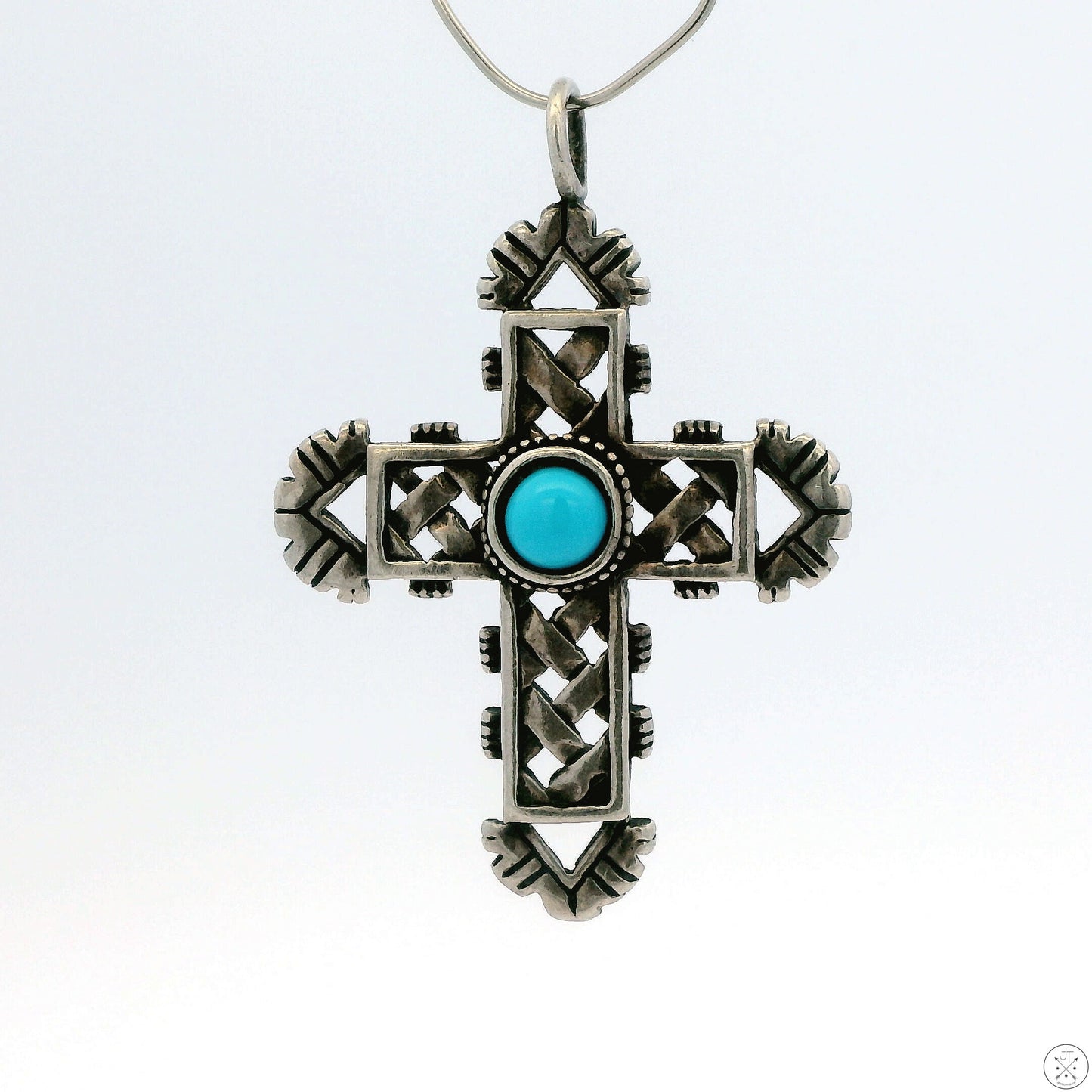 Vintage Sterling Silver Cross Pendant with Turquoise