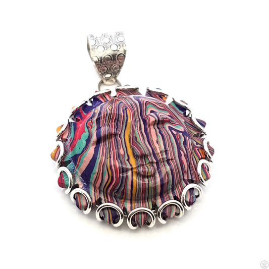 Large Vintage Sterling Silver Pendant with Sun Face Rainbow Calsilica