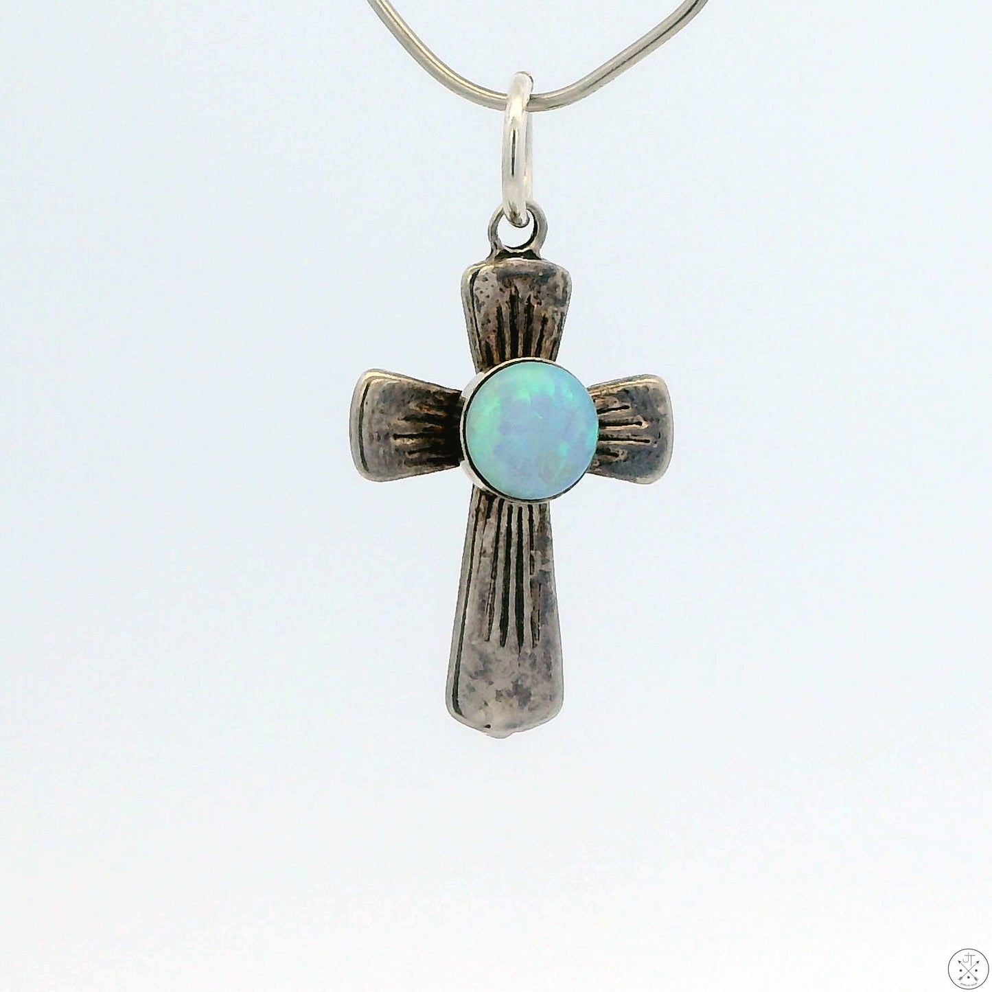Small Vintage Sterling Silver Cross Pendant with Opal