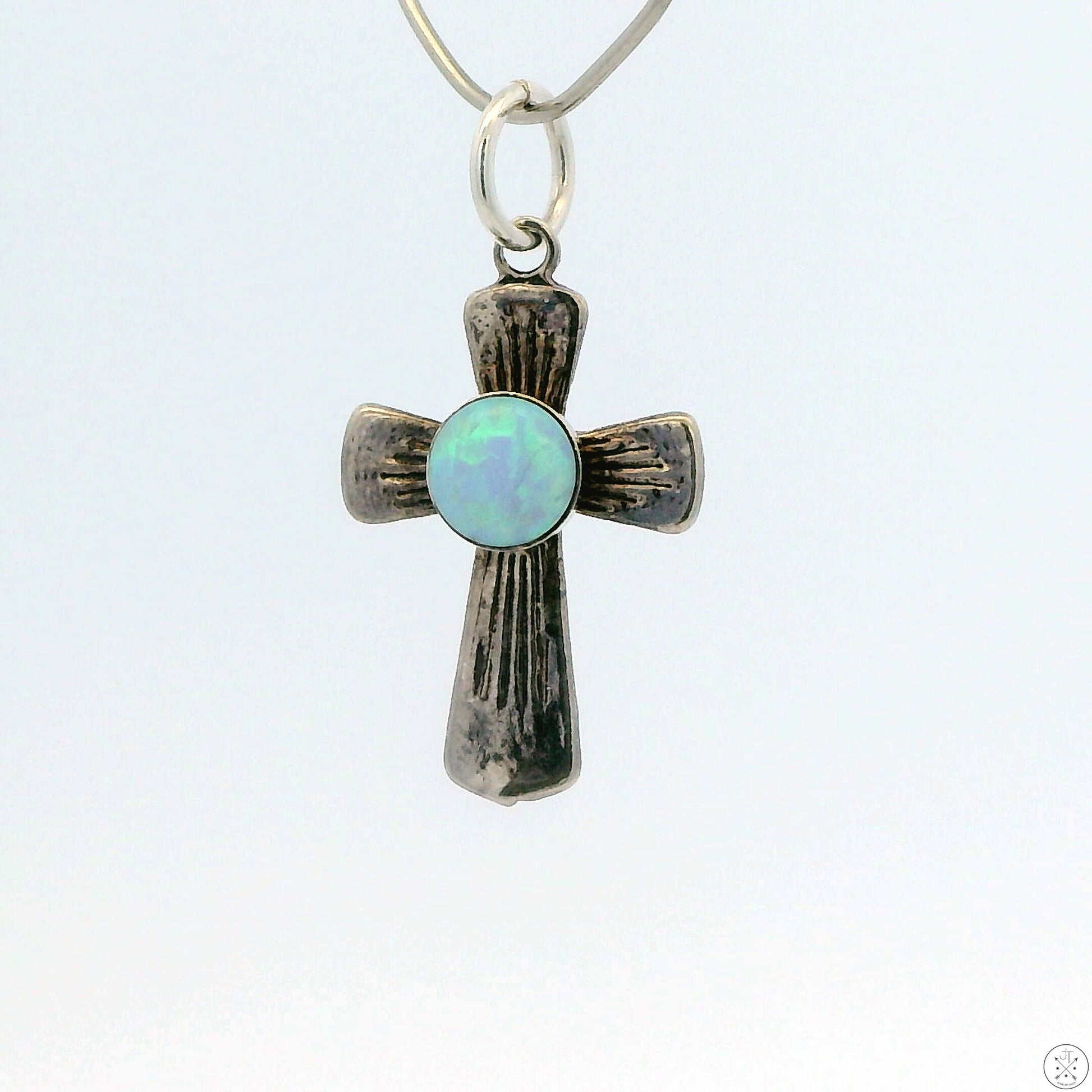 Small Vintage Sterling Silver Cross Pendant with Opal