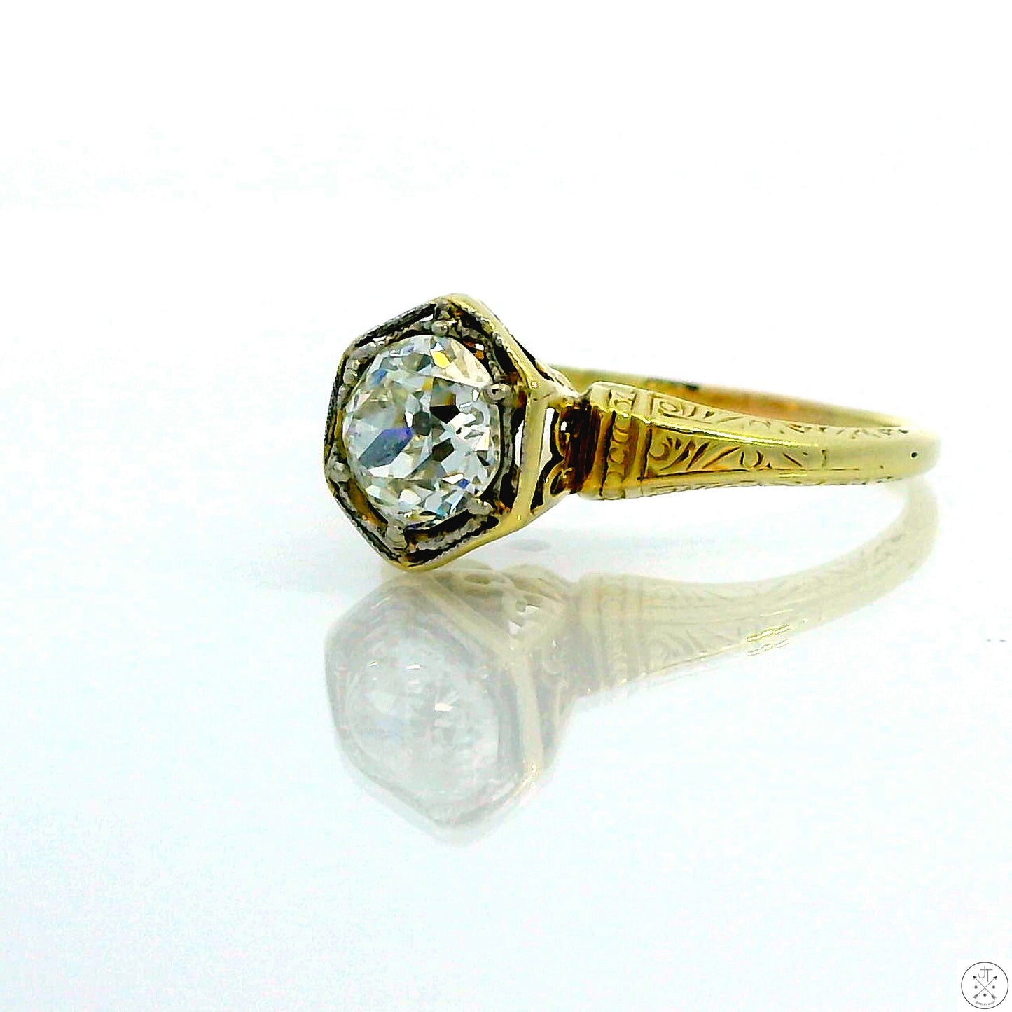 Antique 14k Yellow Gold Solitaire Ring with .84 ct Euro Cut Natural Diamond Size 6