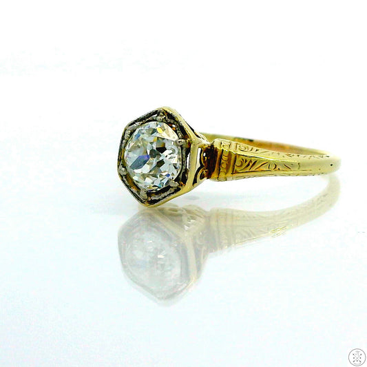 Antique 14k Yellow Gold Solitaire Ring with .84 ct Euro Cut Natural Diamond Size 6
