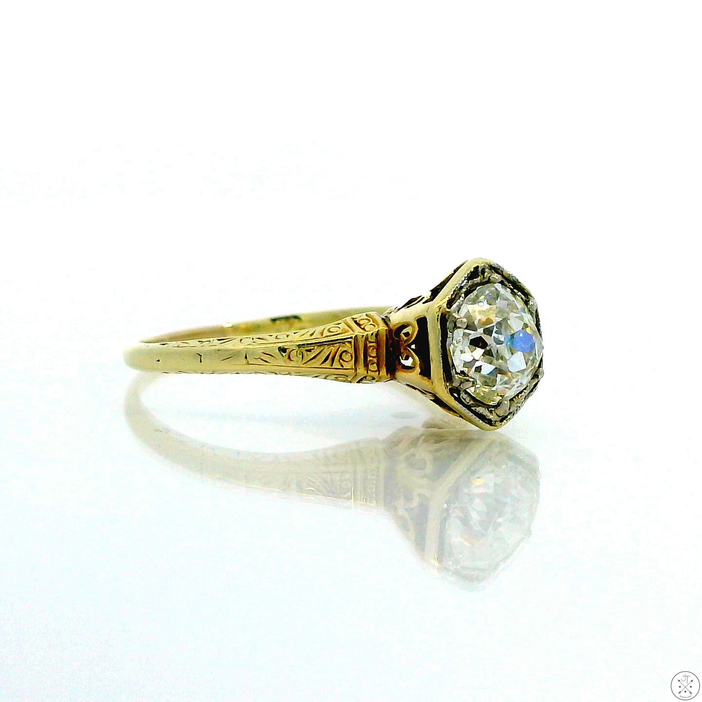 Antique 14k Yellow Gold Solitaire Ring with .84 ct Euro Cut Natural Diamond Size 6