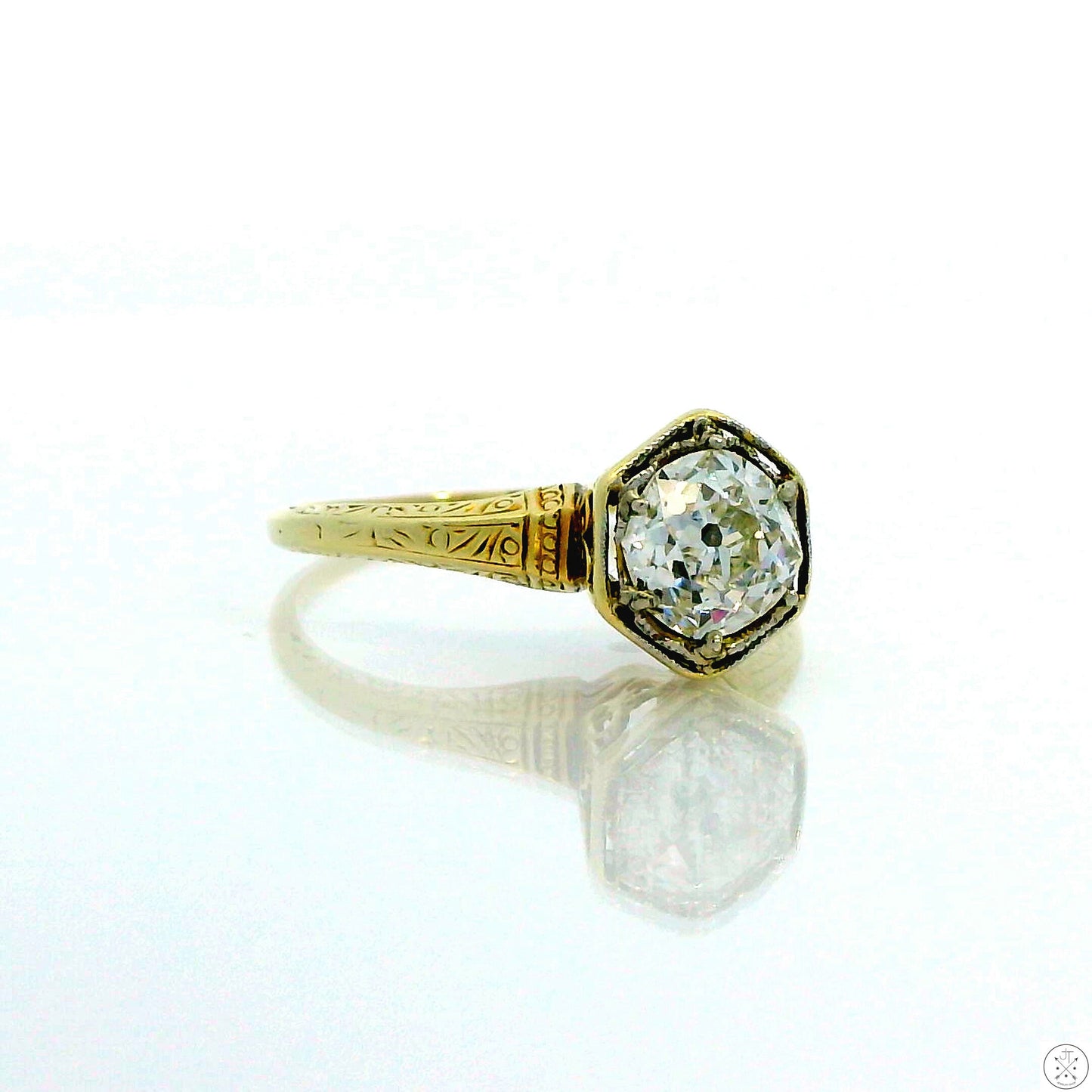 Antique 14k Yellow Gold Solitaire Ring with .84 ct Euro Cut Natural Diamond Size 6