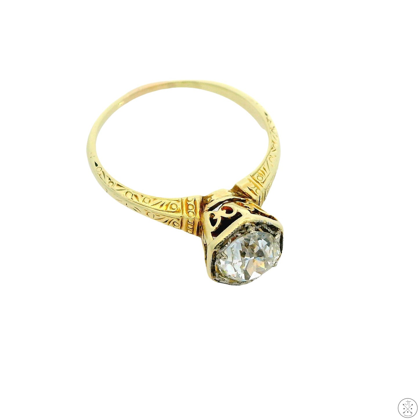 Antique 14k Yellow Gold Solitaire Ring with .84 ct Euro Cut Natural Diamond Size 6