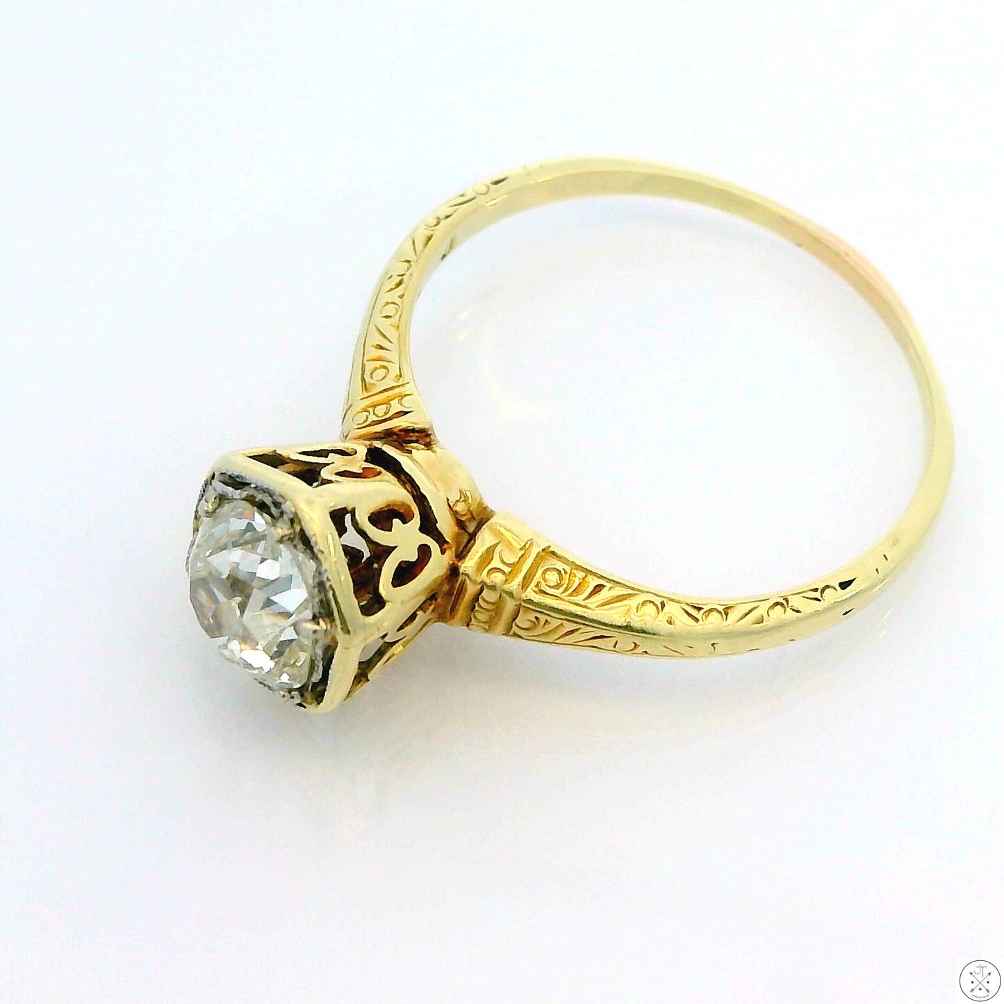 Antique 14k Yellow Gold Solitaire Ring with .84 ct Euro Cut Natural Diamond Size 6