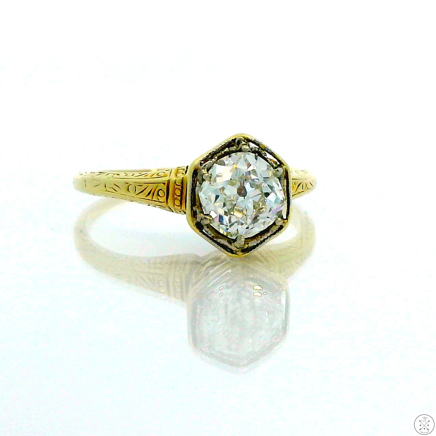Antique 14k Yellow Gold Solitaire Ring with .84 ct Euro Cut Natural Diamond Size 6