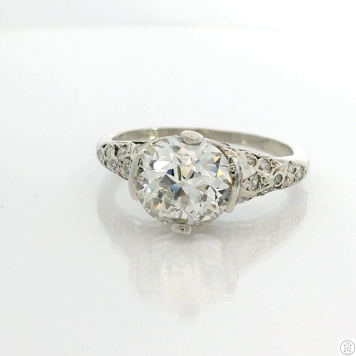 Vintage 14k White Gold Solitaire Ring with GIA 2.40 Carat Natural Diamond Size 7.75 Mine Cut