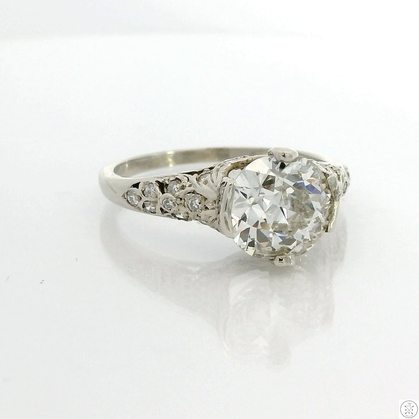 Vintage 14k White Gold Solitaire Ring with GIA 2.40 Carat Natural Diamond Size 7.75 Mine Cut