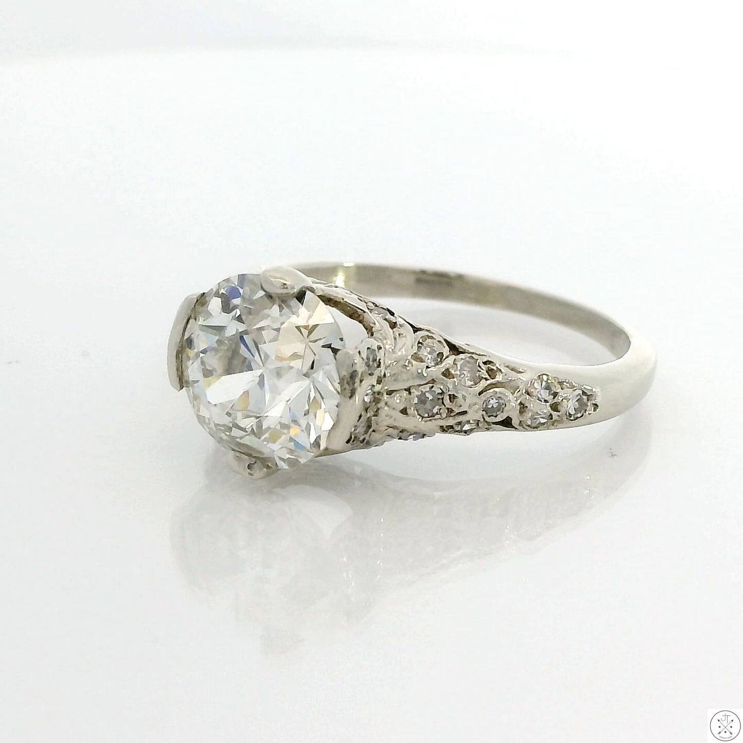 Vintage 14k White Gold Solitaire Ring with GIA 2.40 Carat Natural Diamond Size 7.75 Mine Cut