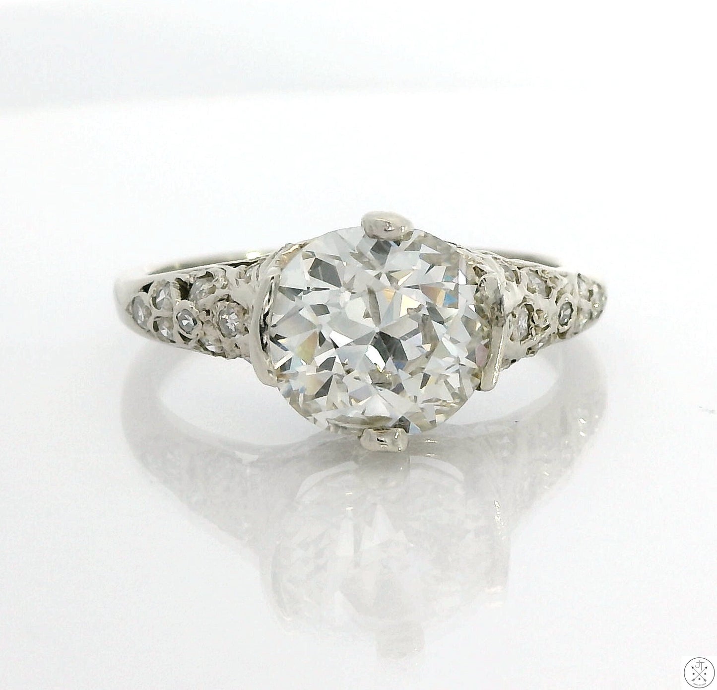 Vintage 14k White Gold Solitaire Ring with GIA 2.40 Carat Natural Diamond Size 7.75 Mine Cut