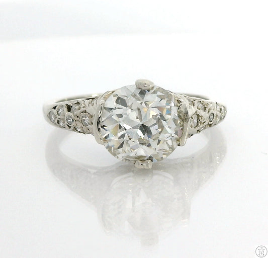 Vintage 14k White Gold Solitaire Ring with GIA 2.40 Carat Natural Diamond Size 7.75 Mine Cut