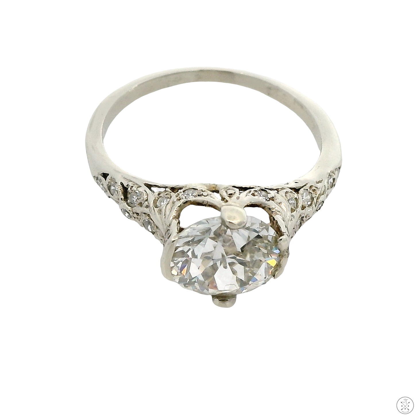 Vintage 14k White Gold Solitaire Ring with GIA 2.40 Carat Natural Diamond Size 7.75 Mine Cut