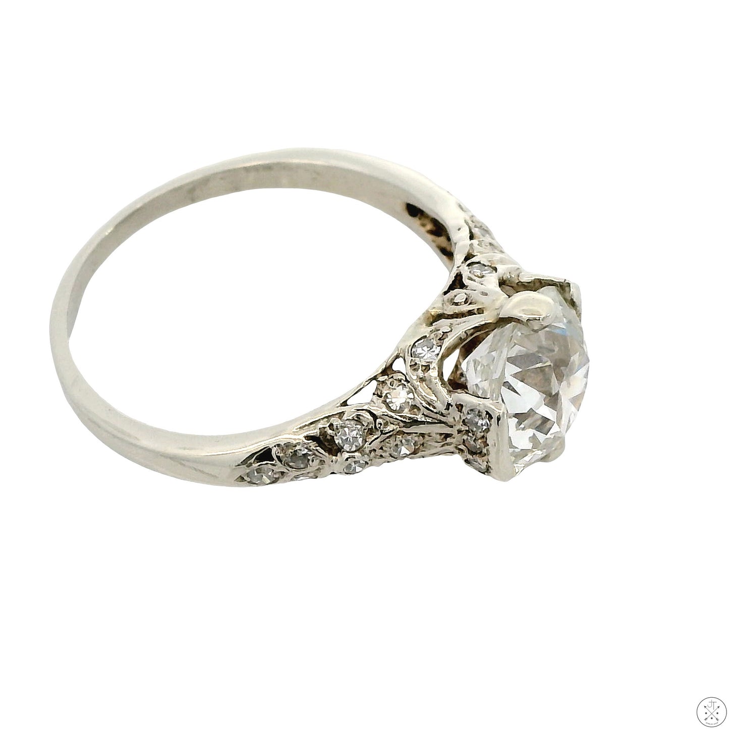 Vintage 14k White Gold Solitaire Ring with GIA 2.40 Carat Natural Diamond Size 7.75 Mine Cut