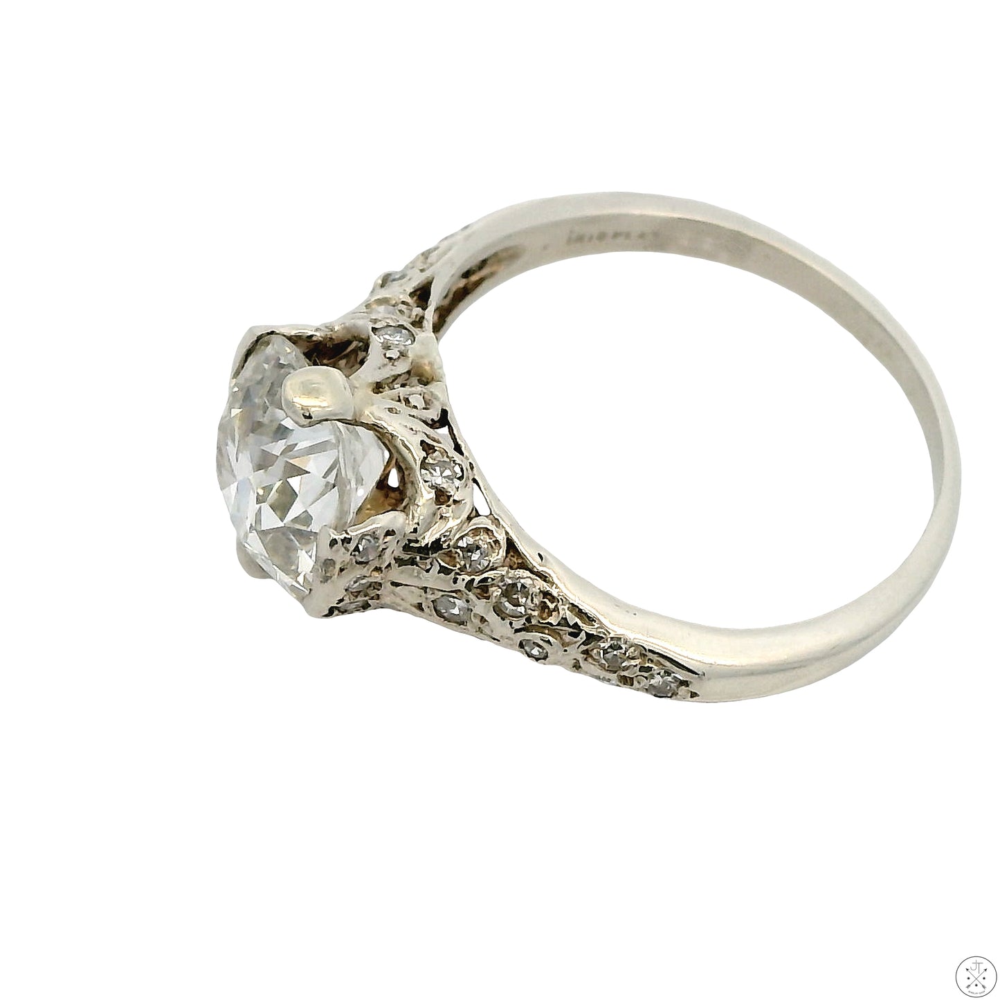 Vintage 14k White Gold Solitaire Ring with GIA 2.40 Carat Natural Diamond Size 7.75 Mine Cut