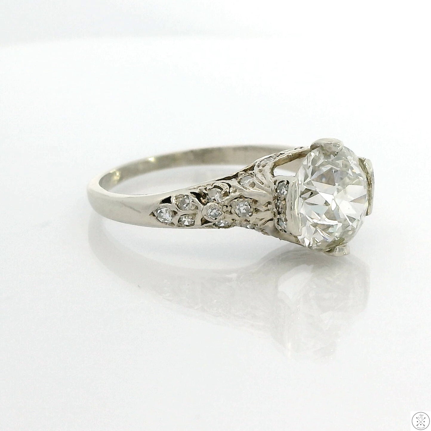 Vintage 14k White Gold Solitaire Ring with GIA 2.40 Carat Natural Diamond Size 7.75 Mine Cut