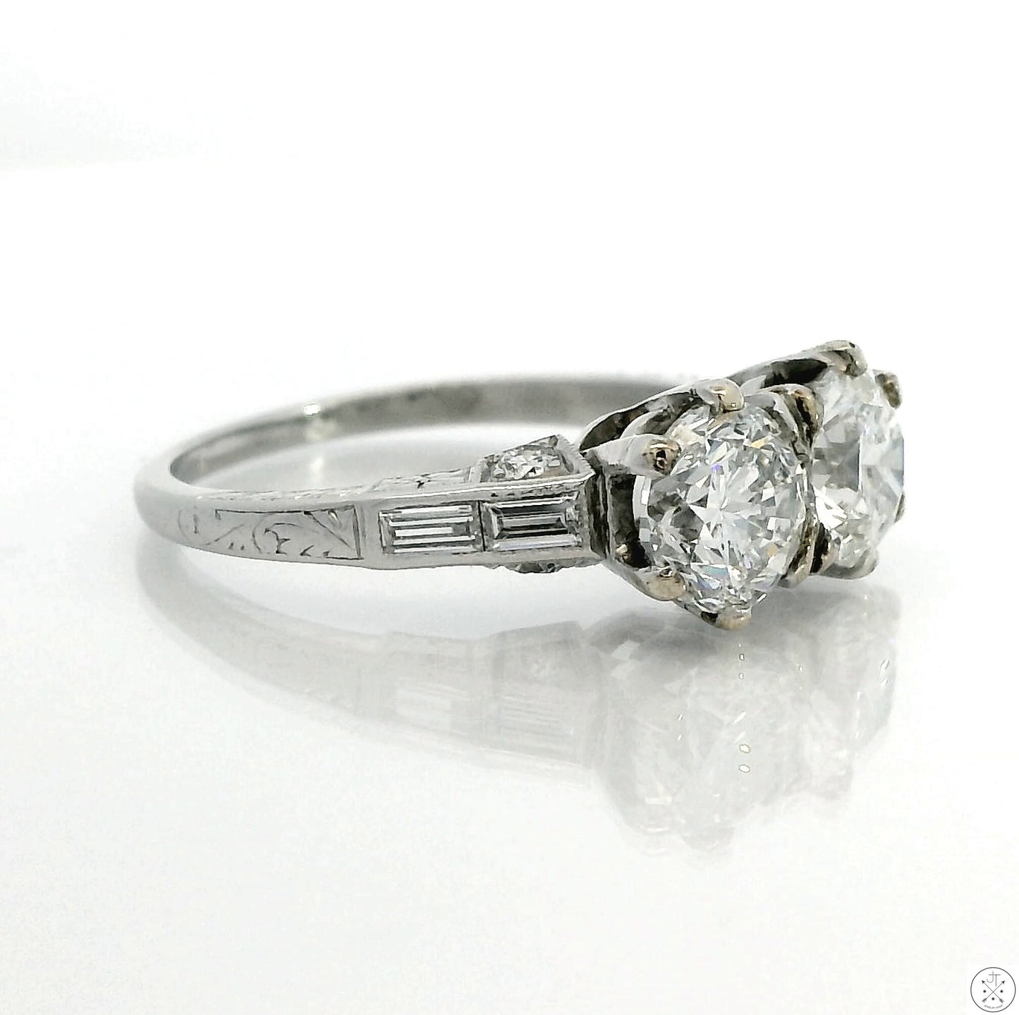 Vintage Platinum 2-Stone Ring with 2 ctw Natural Diamonds Size 5.5 Deco