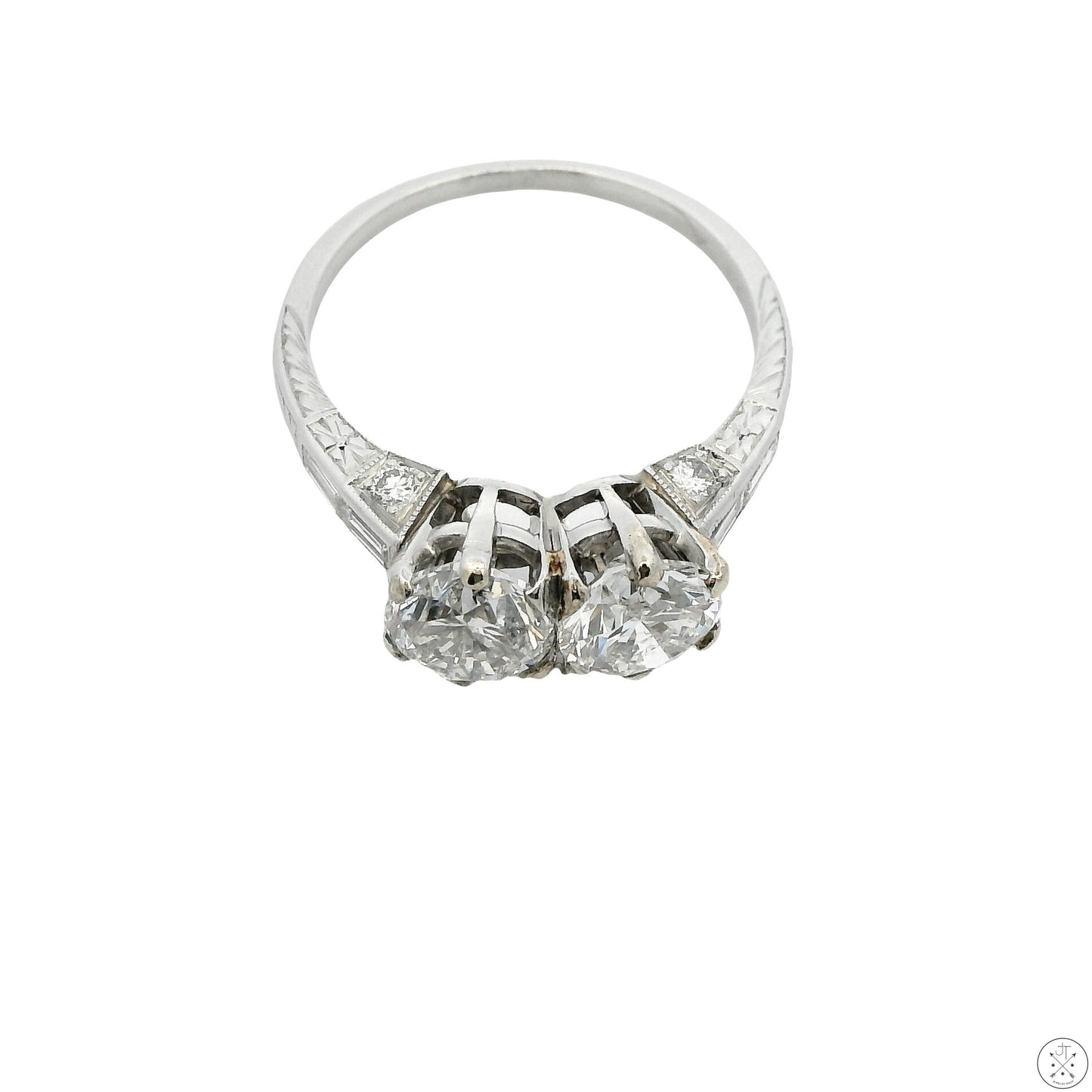 Vintage Platinum 2-Stone Ring with 2 ctw Natural Diamonds Size 5.5 Deco