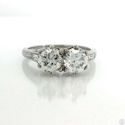 Vintage Platinum 2-Stone Ring with 2 ctw Natural Diamonds Size 5.5 Deco