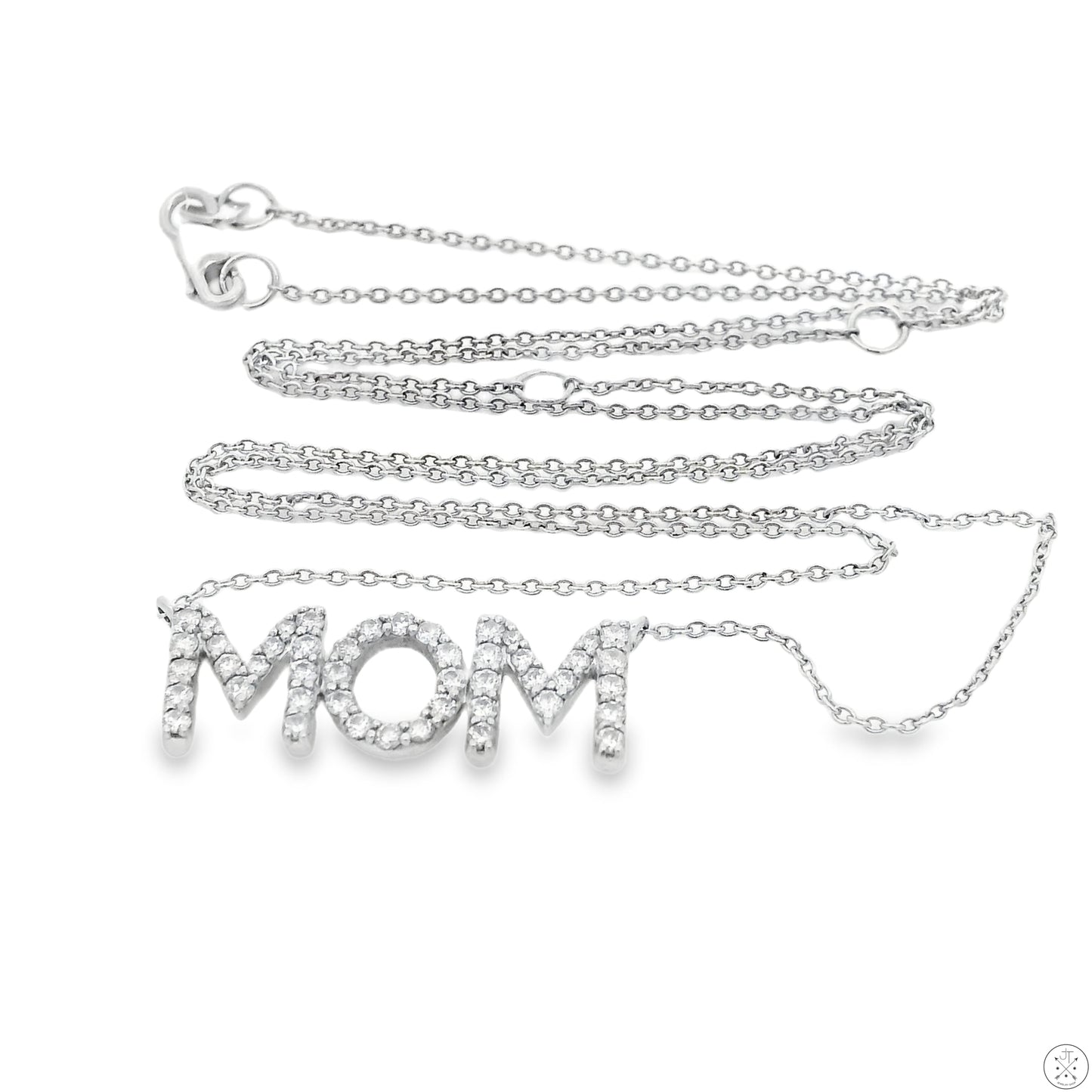 14k White Gold 'Mom' Pendant Necklace with 1/2 ctw Diamonds Adjustable 21 in
