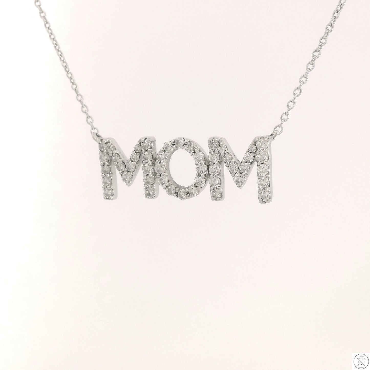 14k White Gold 'Mom' Pendant Necklace with 1/2 ctw Diamonds Adjustable 21 in