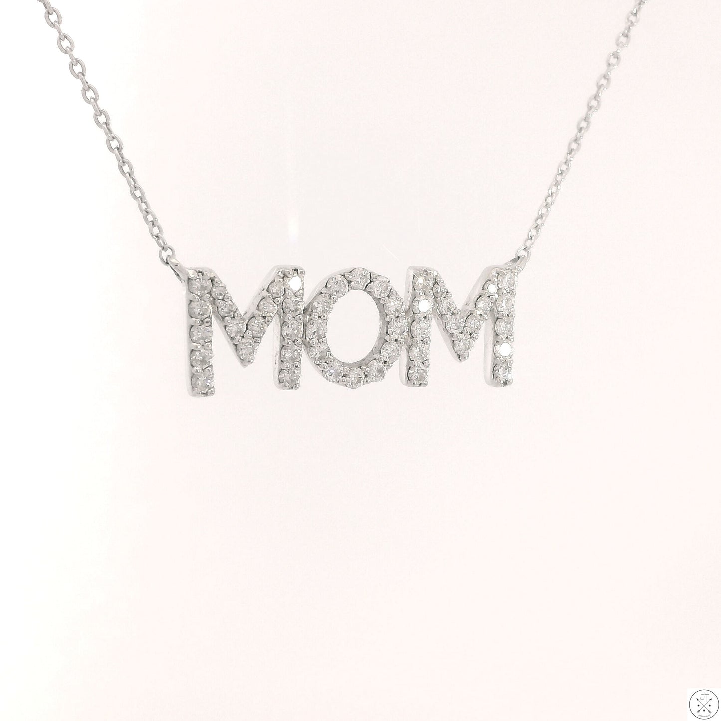 14k White Gold 'Mom' Pendant Necklace with 1/2 ctw Diamonds Adjustable 21 in