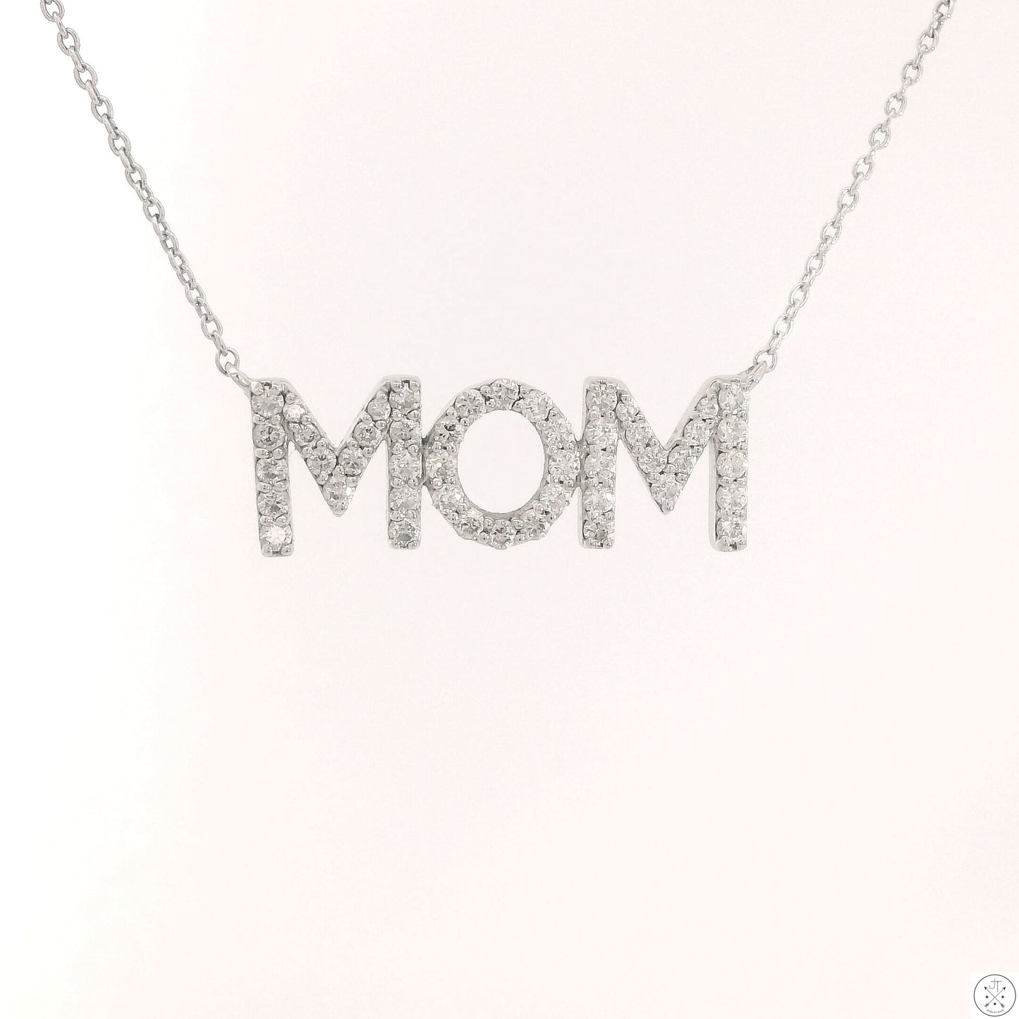 14k White Gold 'Mom' Pendant Necklace with 1/2 ctw Diamonds Adjustable 21 in
