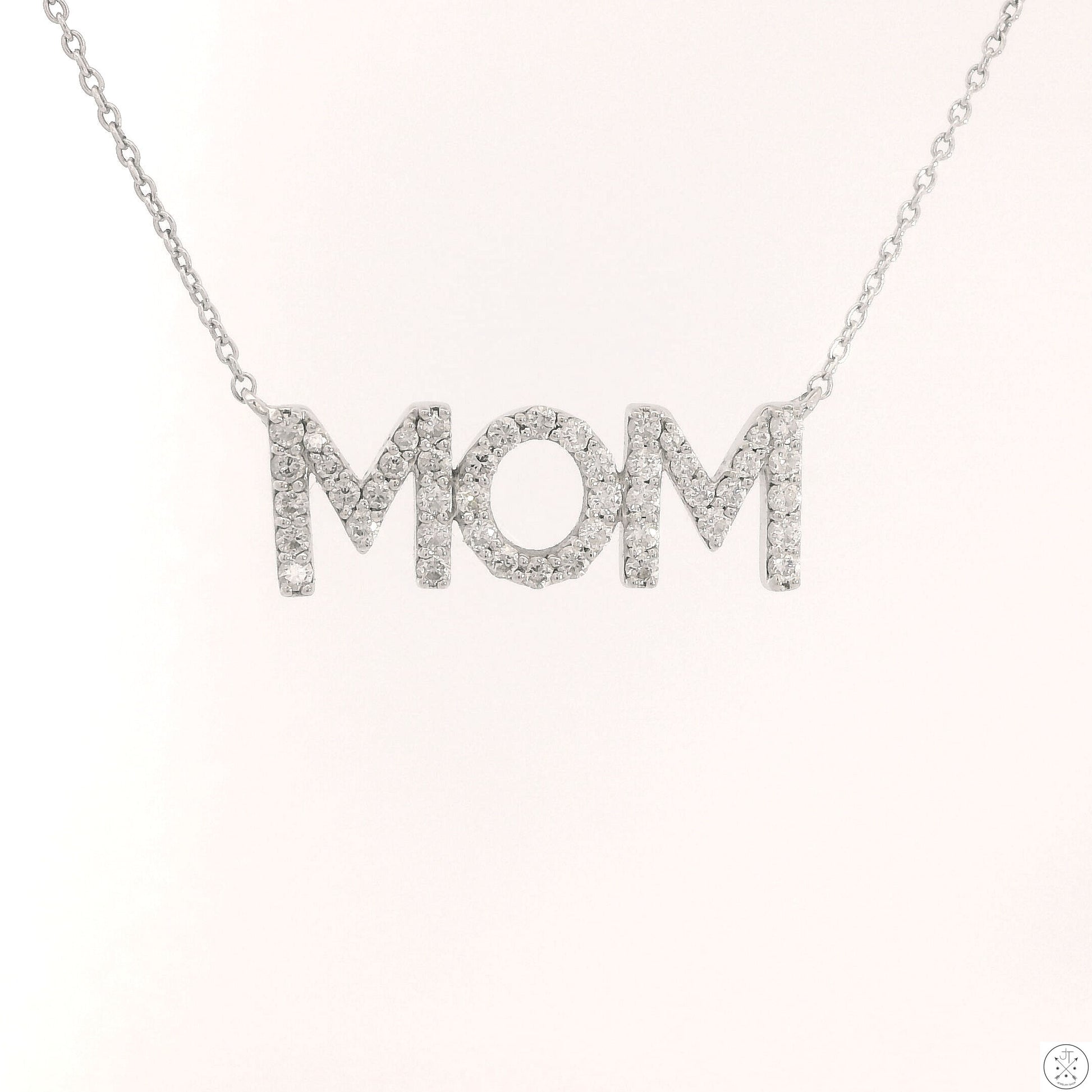 14k White Gold 'Mom' Pendant Necklace with 1/2 ctw Diamonds Adjustable 21 in
