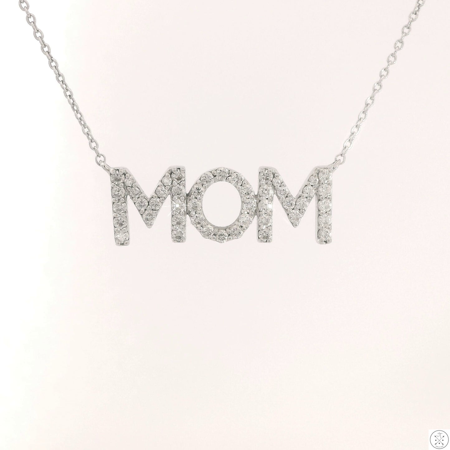 14k White Gold 'Mom' Pendant Necklace with 1/2 ctw Diamonds Adjustable 21 in