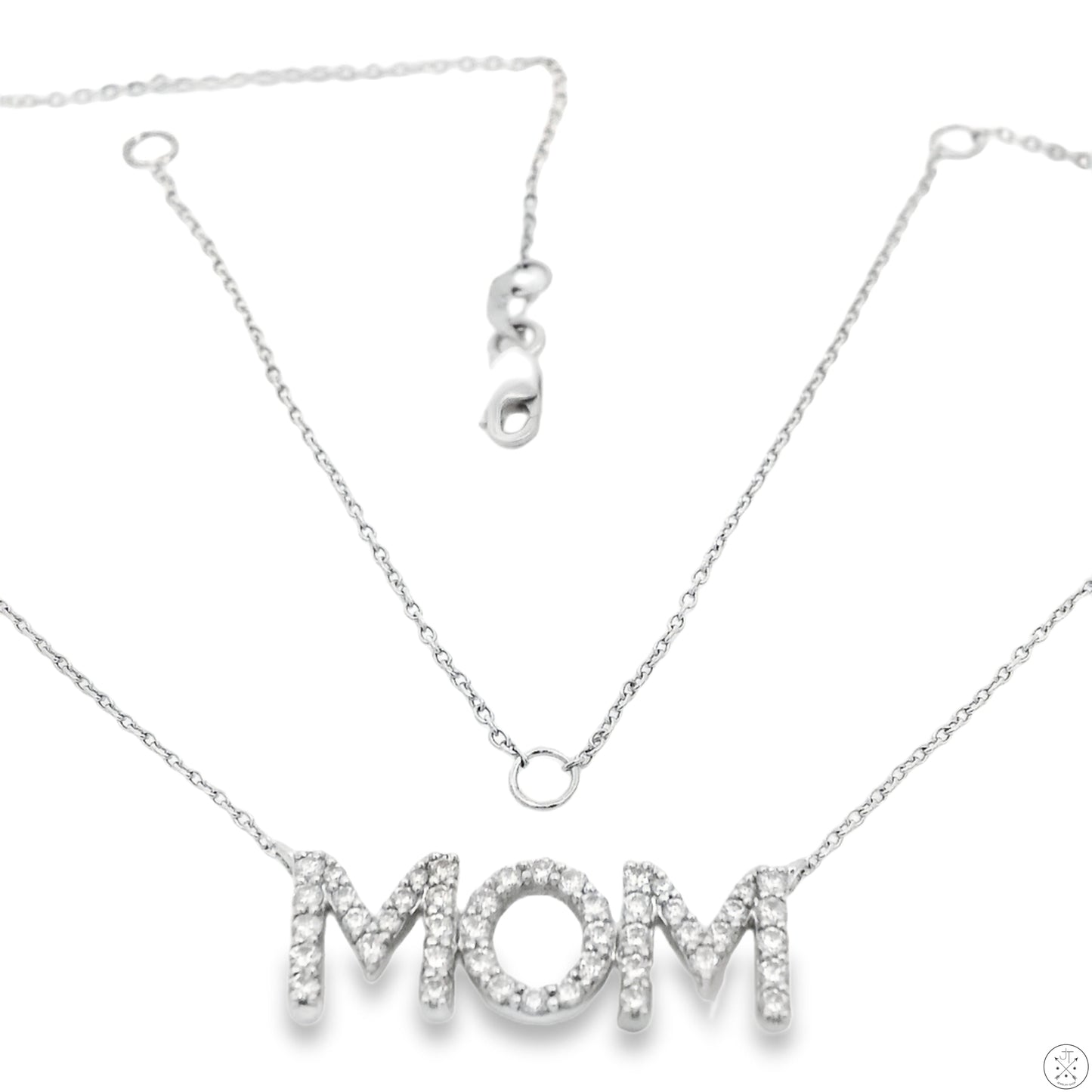 14k White Gold 'Mom' Pendant Necklace with 1/2 ctw Diamonds Adjustable 21 in