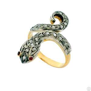 Vintage 18k Yellow and Sterling Snake Ring Diamond Spinel Size 7.5 Adjustable