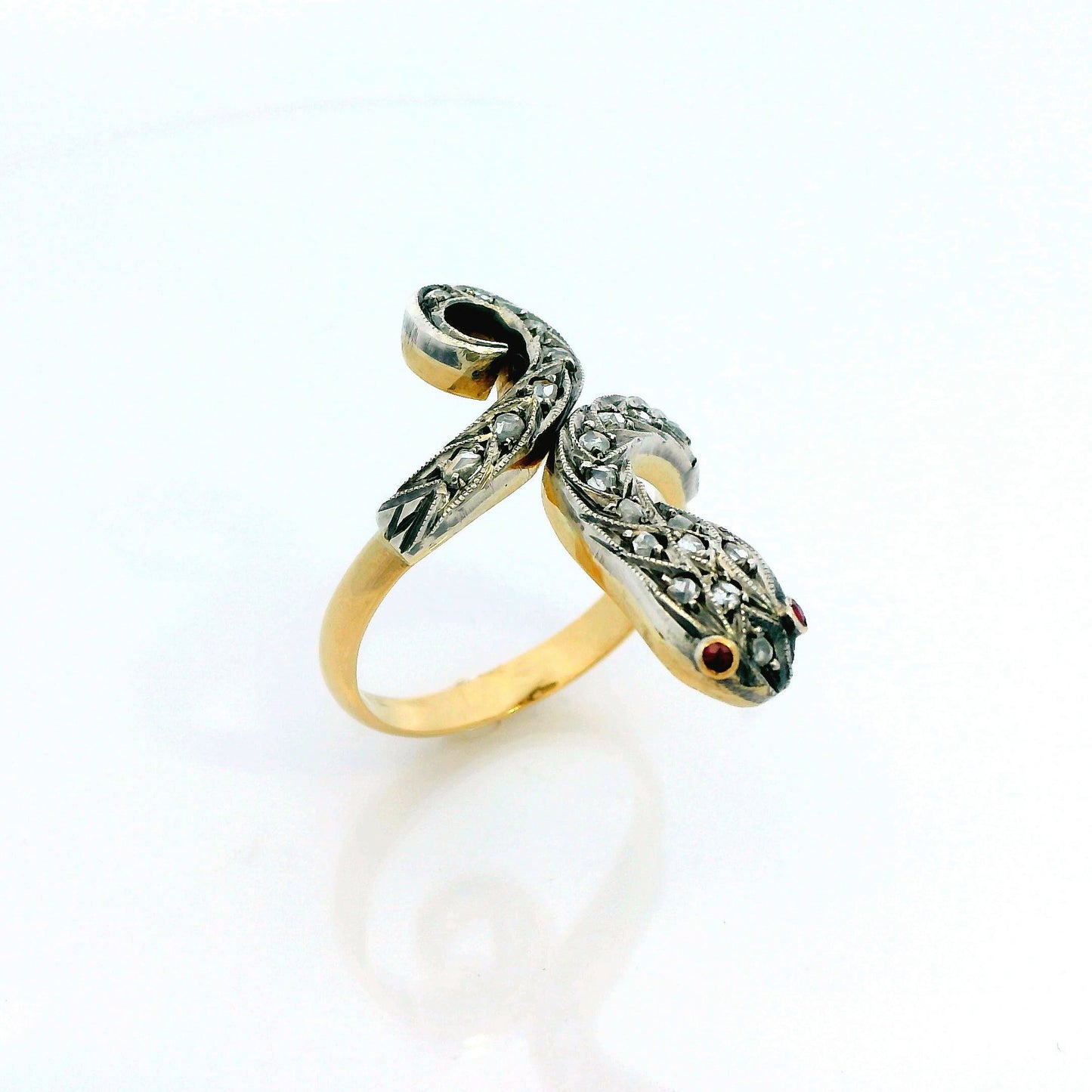 Vintage 18k Yellow and Sterling Snake Ring Diamond Pink Sapphire Size 7.5 Adjustable