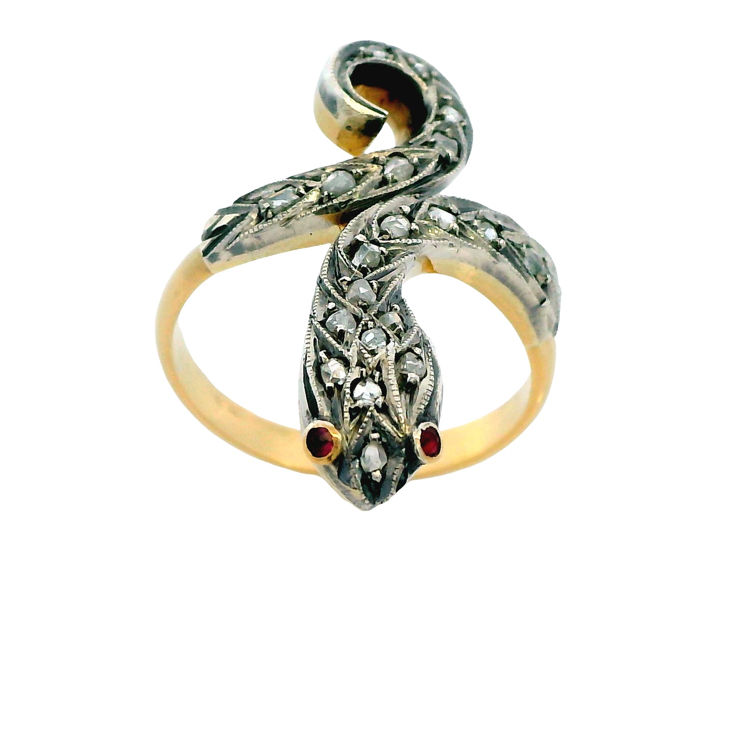Vintage 18k Yellow and Sterling Snake Ring Diamond Pink Sapphire Size 7.5 Adjustable
