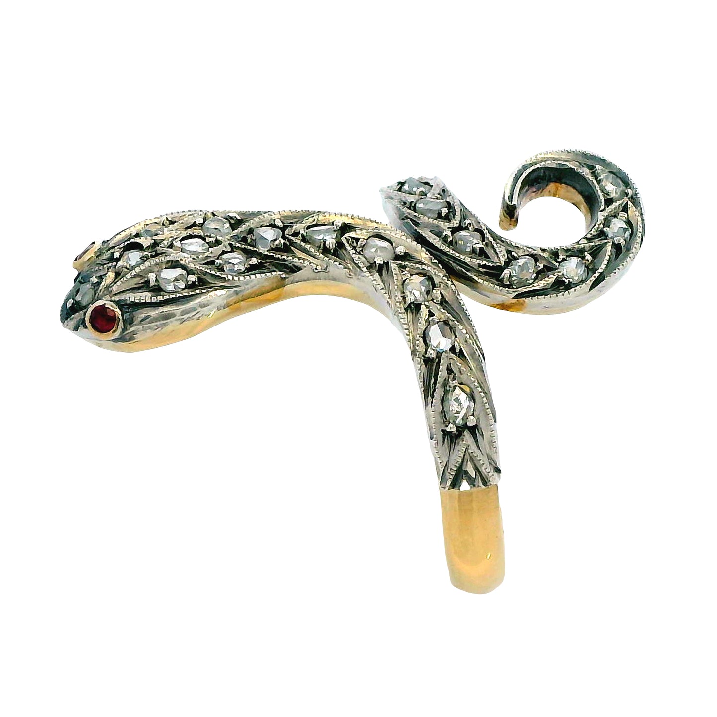 Vintage 18k Yellow and Sterling Snake Ring Diamond Pink Sapphire Size 7.5 Adjustable