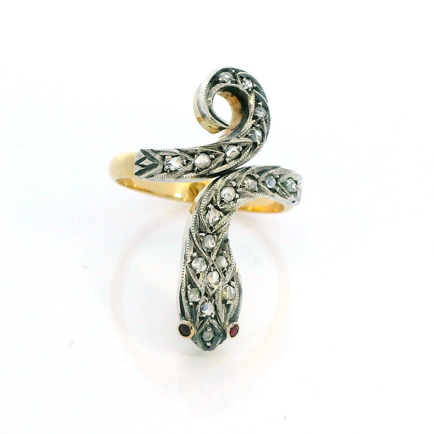 Vintage 18k Yellow and Sterling Snake Ring Diamond Pink Sapphire Size 7.5 Adjustable