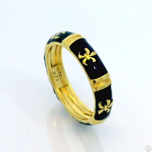 Hidalgo 18k Yellow Gold 4.9 mm Blue Enamel Band Size 9.5 Fleur-de-lis Vintage