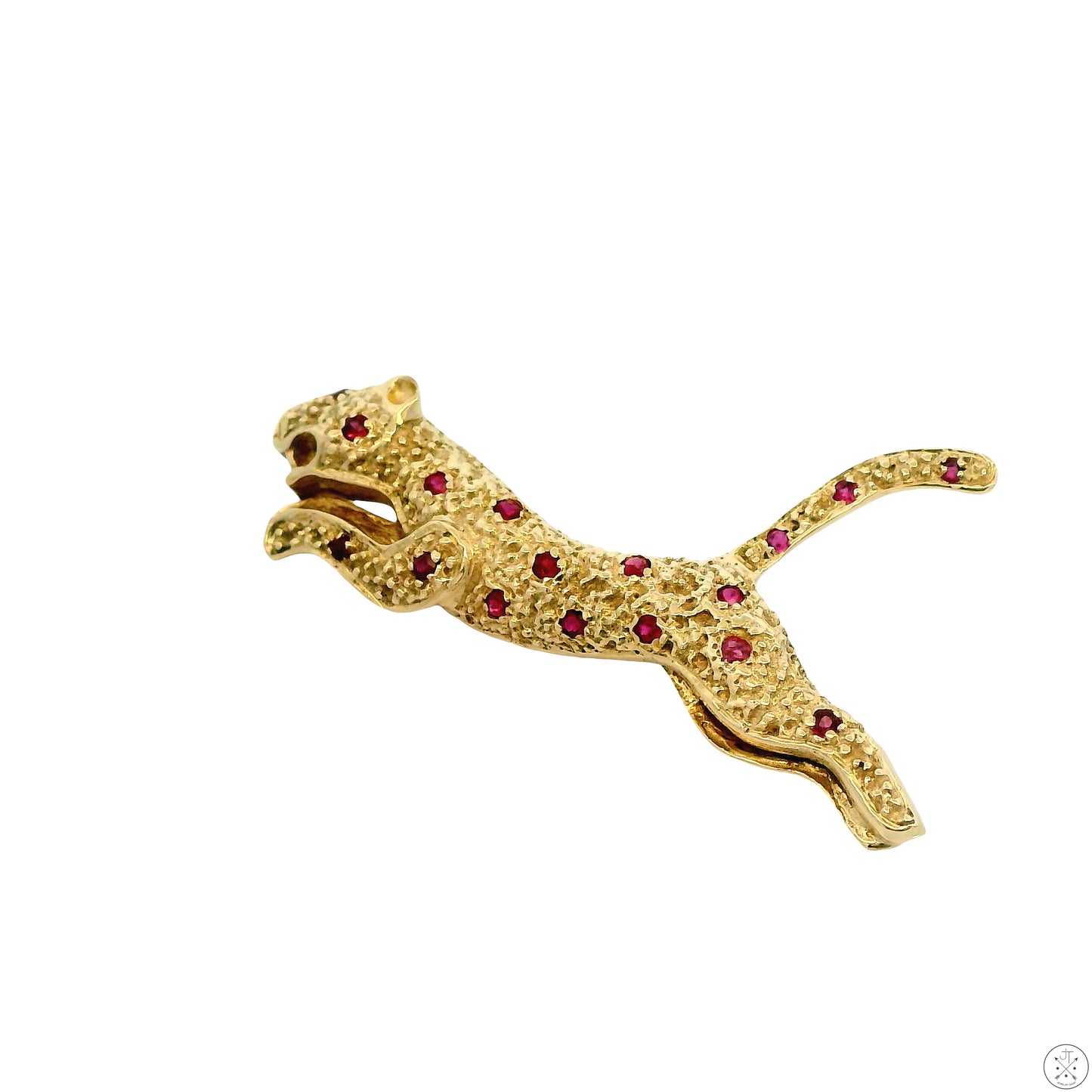 14k Yellow Gold Panther Brooch Natural Pink Sapphire Leaping Cat Pin Panther Leopard