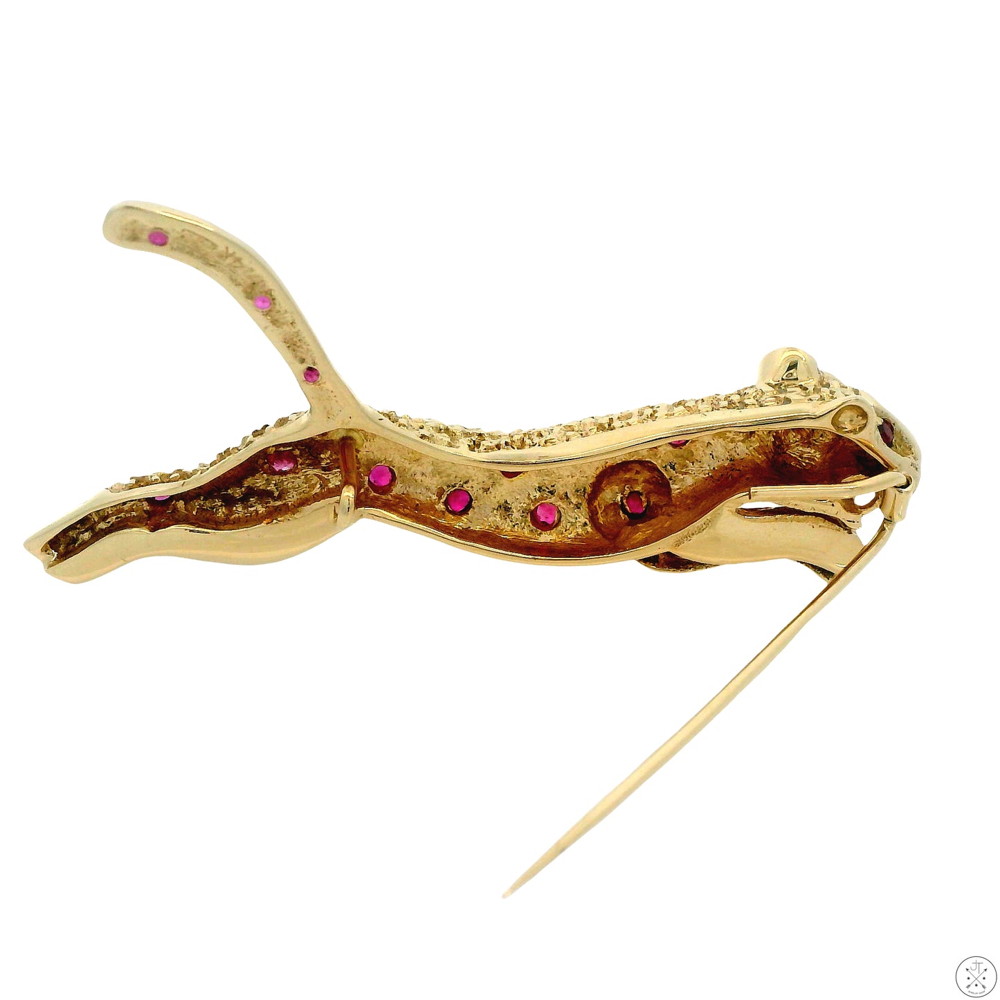 14k Yellow Gold Panther Brooch Natural Pink Sapphire Leaping Cat Pin Panther Leopard