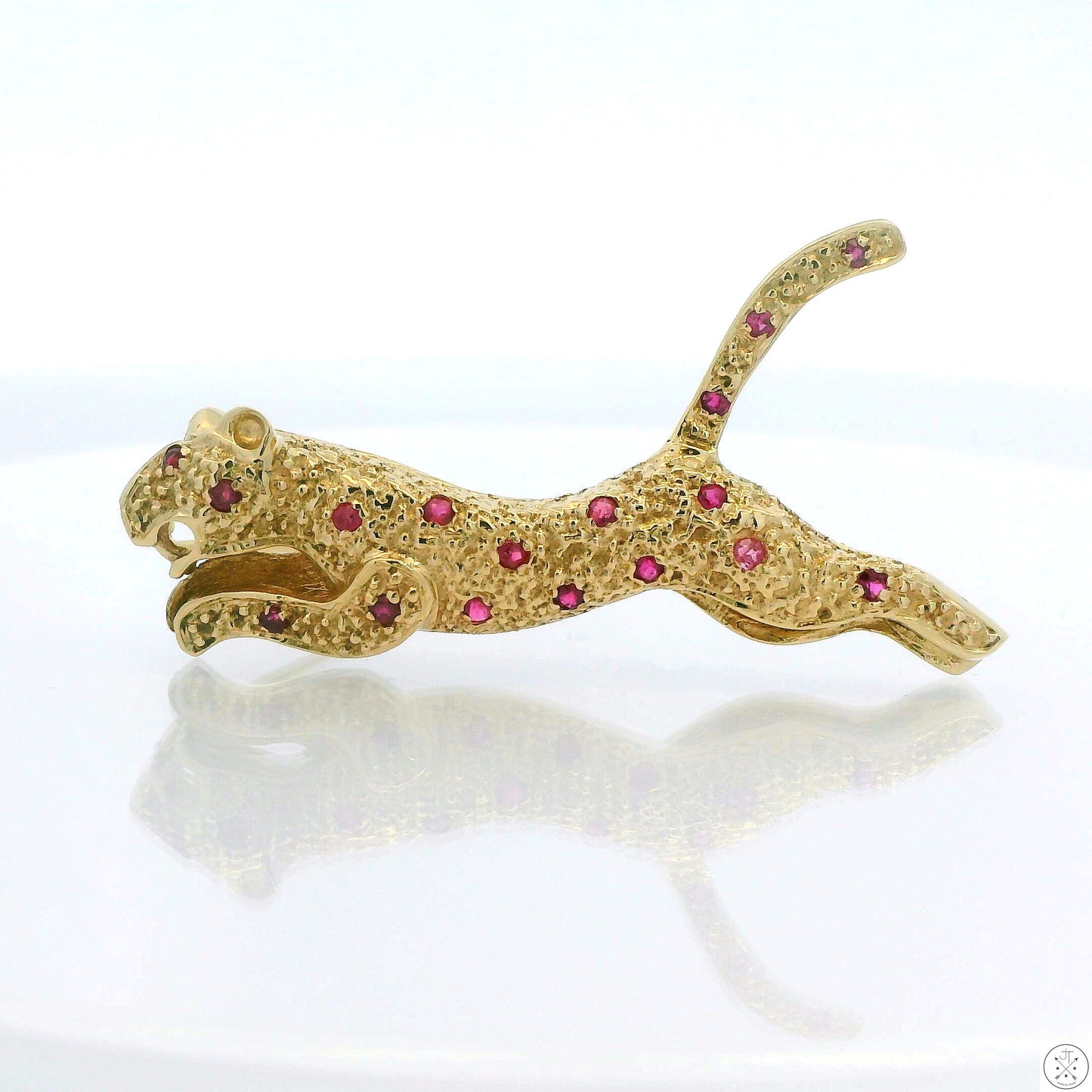 14k Yellow Gold Panther Brooch Natural Pink Sapphire Leaping Cat Pin Panther Leopard