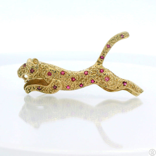 14k Yellow Gold Panther Brooch Natural Pink Sapphire Leaping Cat Pin