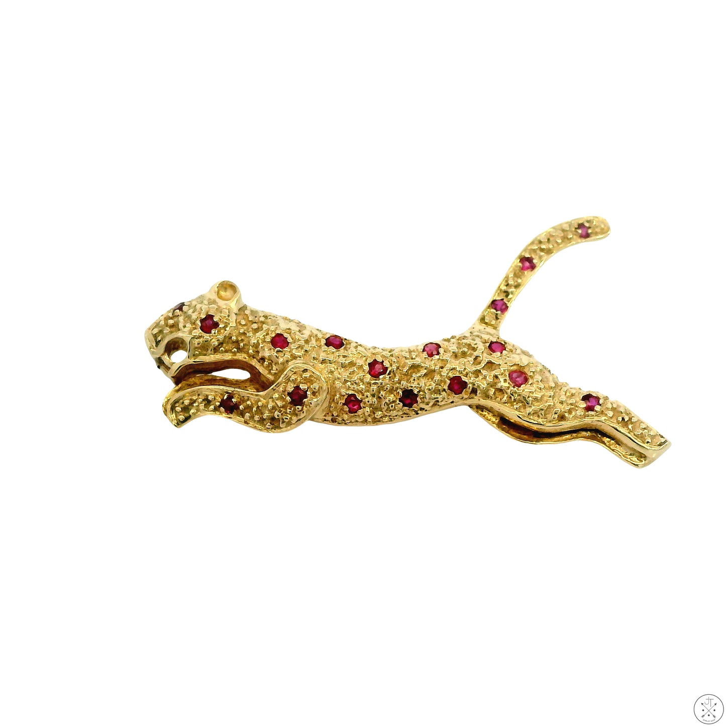 14k Yellow Gold Panther Brooch Natural Pink Sapphire Leaping Cat Pin Panther Leopard