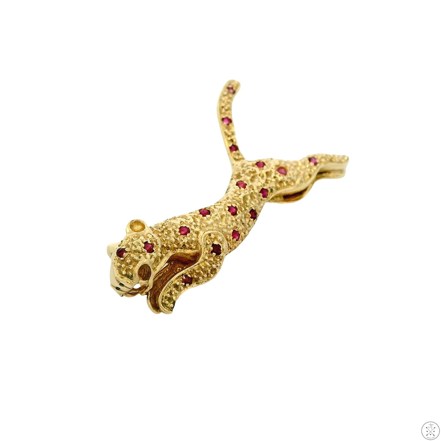 14k Yellow Gold Panther Brooch Natural Pink Sapphire Leaping Cat Pin Panther Leopard