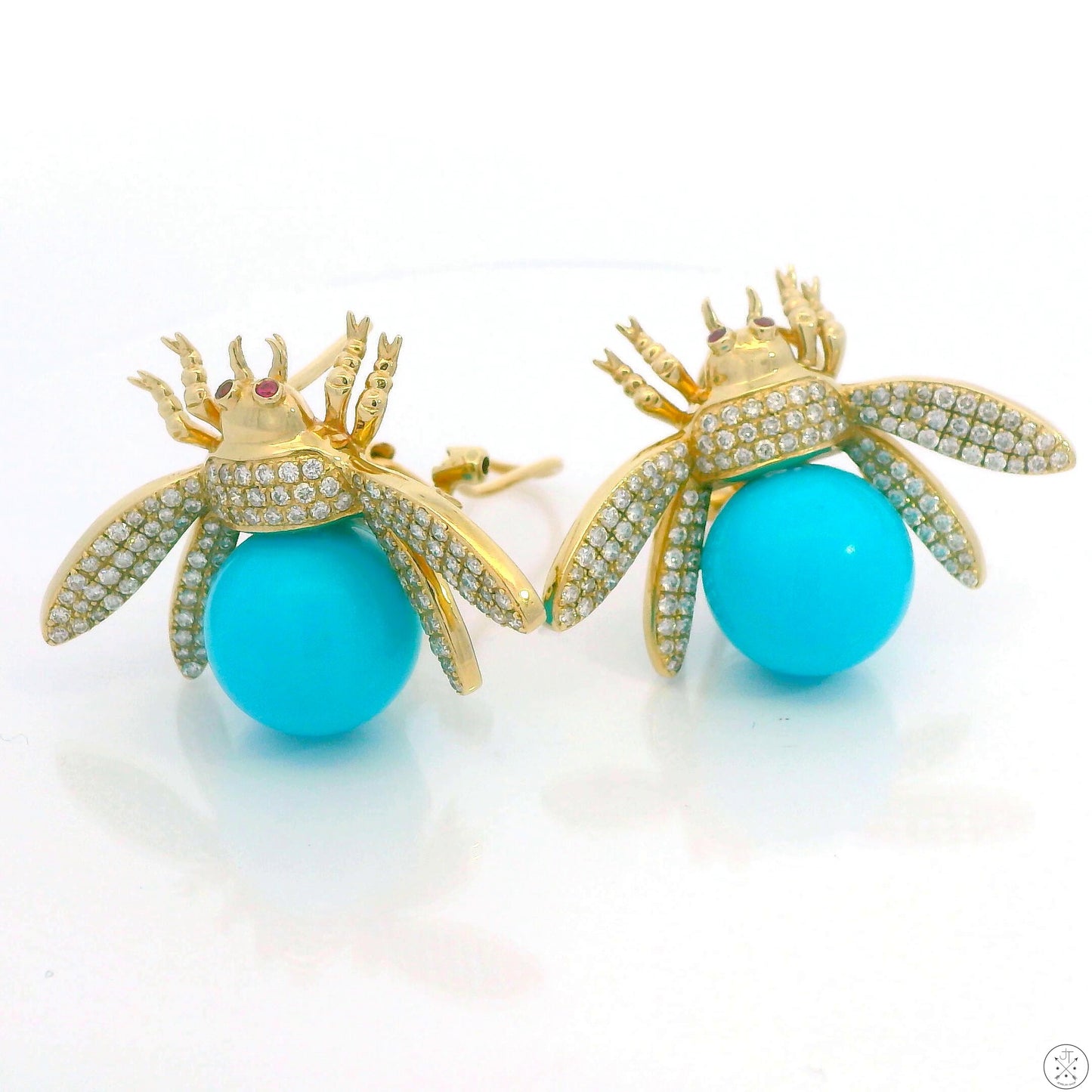 Vintage 14k Yellow Gold Bee Earrings Natural Turquoise Diamonds Pink Sapphire