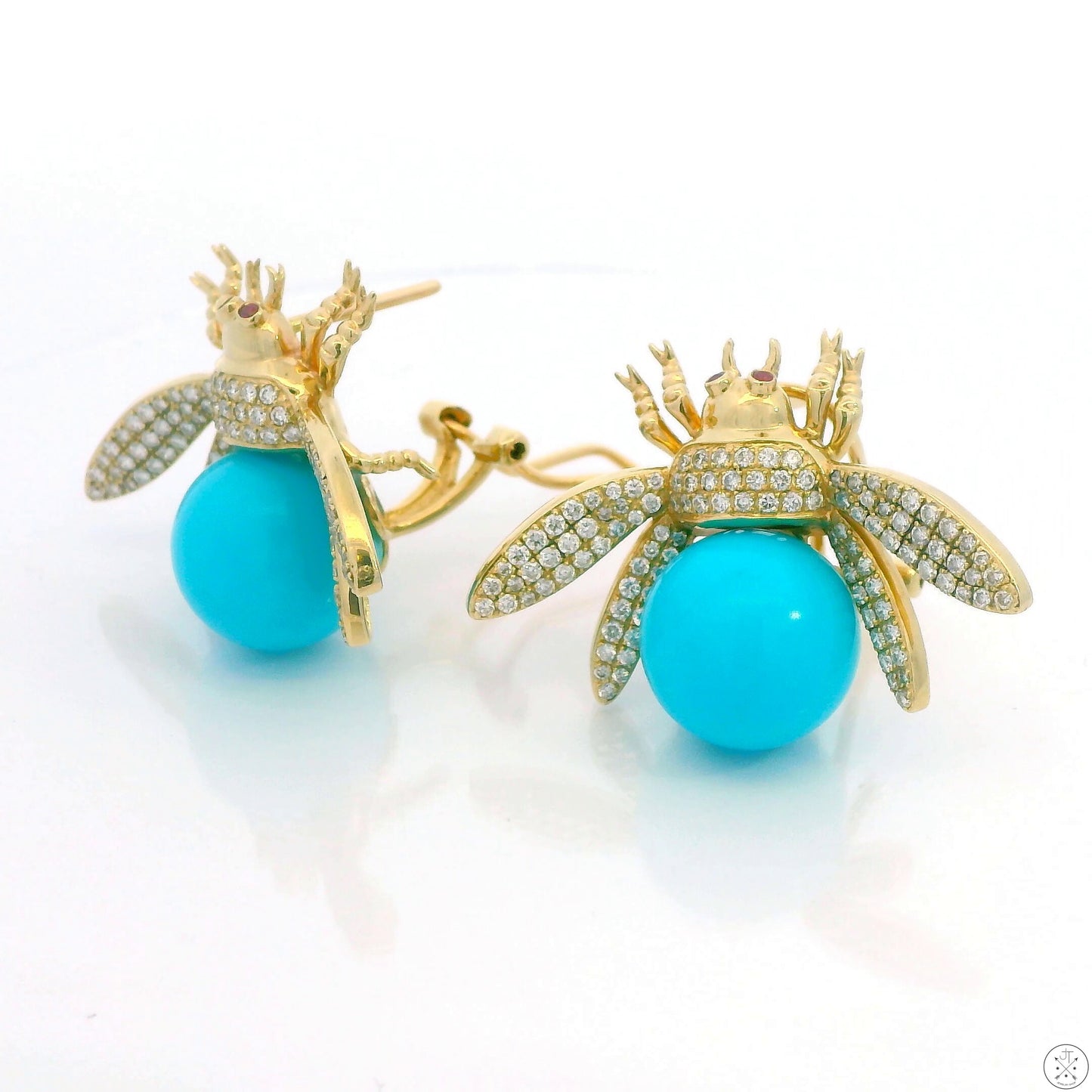 Vintage 14k Yellow Gold Bee Earrings Natural Turquoise Diamonds Pink Sapphire