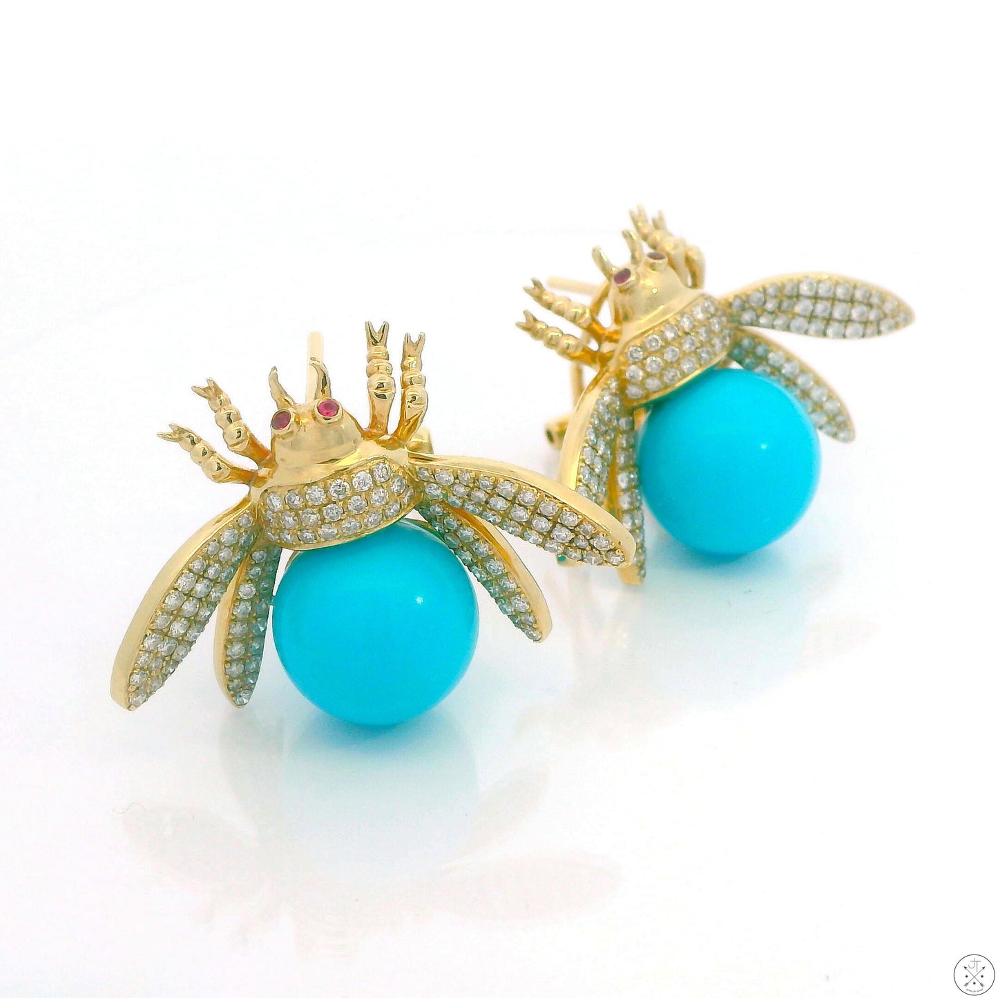 Vintage 14k Yellow Gold Bee Earrings Natural Turquoise Diamonds Pink Sapphire