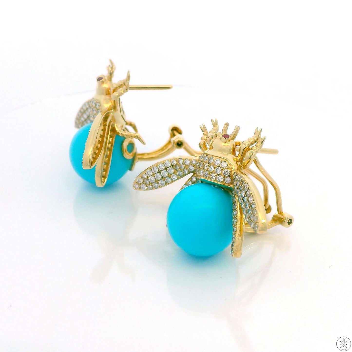 Vintage 14k Yellow Gold Bee Earrings Natural Turquoise Diamonds Pink Sapphire