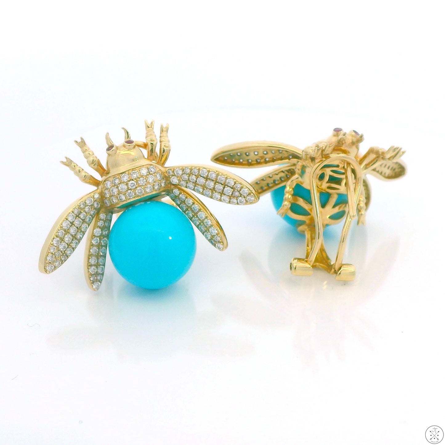 Vintage 14k Yellow Gold Bee Earrings Natural Turquoise Diamonds Pink Sapphire