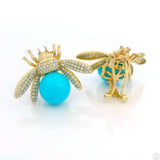 Vintage 14k Yellow Gold Bee Earrings Natural Turquoise Diamonds Pink Sapphire